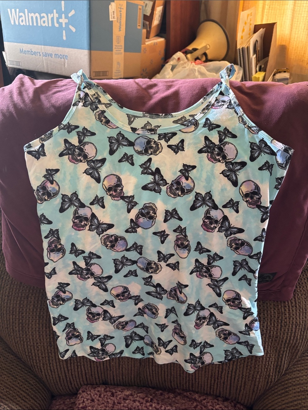 No Boundaries Light Blue Skull & Butterfly Print Tank Top